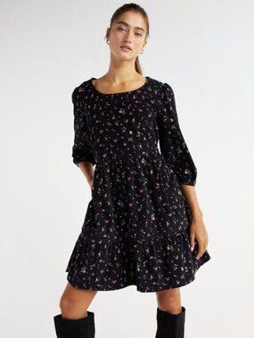 Time and Tru Black Floral Corduroy Tiered Mini Dress M 8-10 Cottagecore